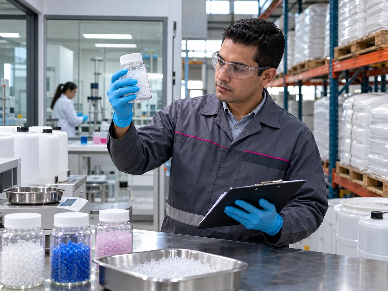 Especialista de Poliquímica realizando control de calidad de productos químicos industriales