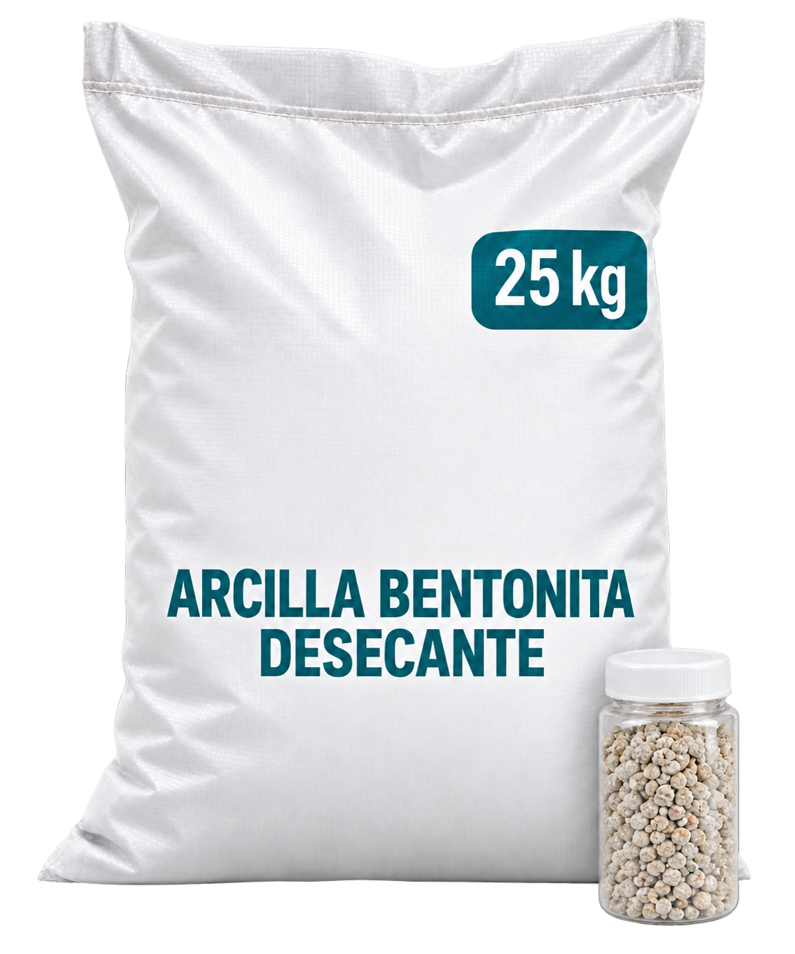 Arcilla bentonita desecante en saco opaco de 25 kg con frasco de muestra
