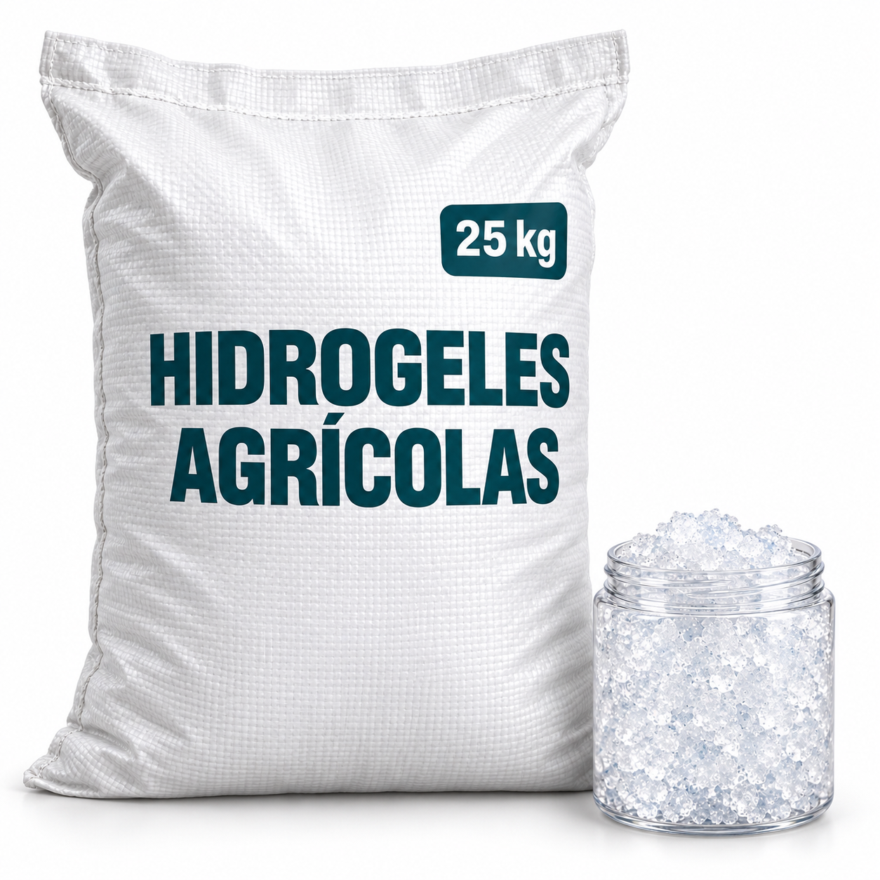 Hidrogeles agrícolas en bulto de 25 kg y presentación de muestra