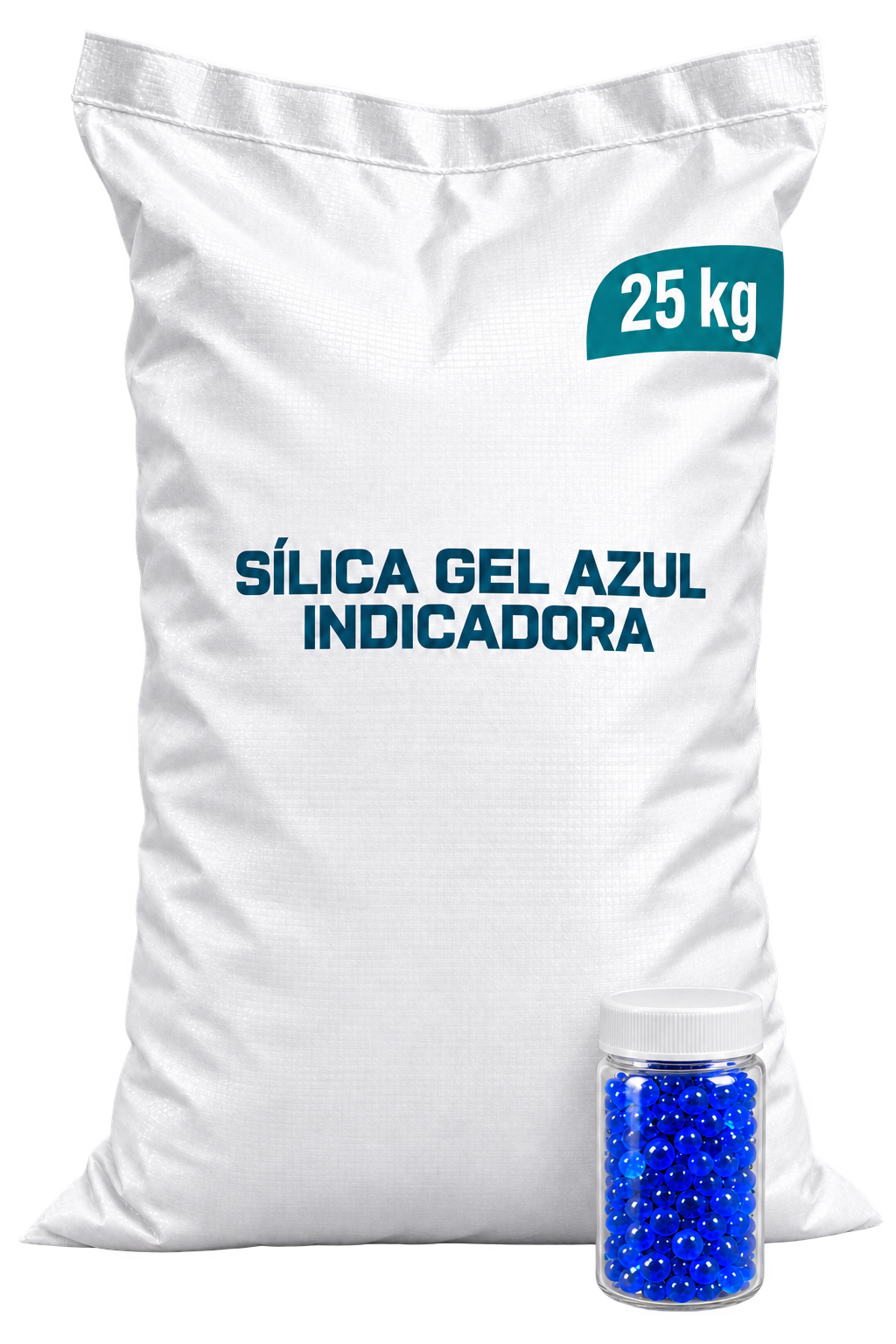 Sílica gel azul indicadora en saco opaco de 25 kg con frasco de muestra